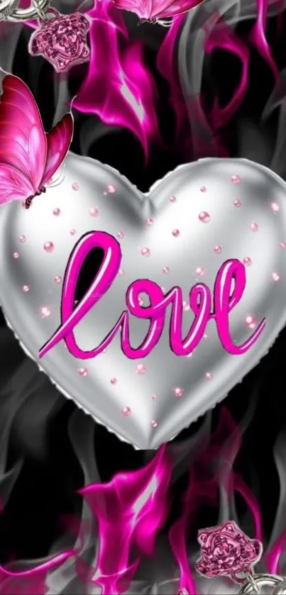 Heart design with pink butterfly and love text.