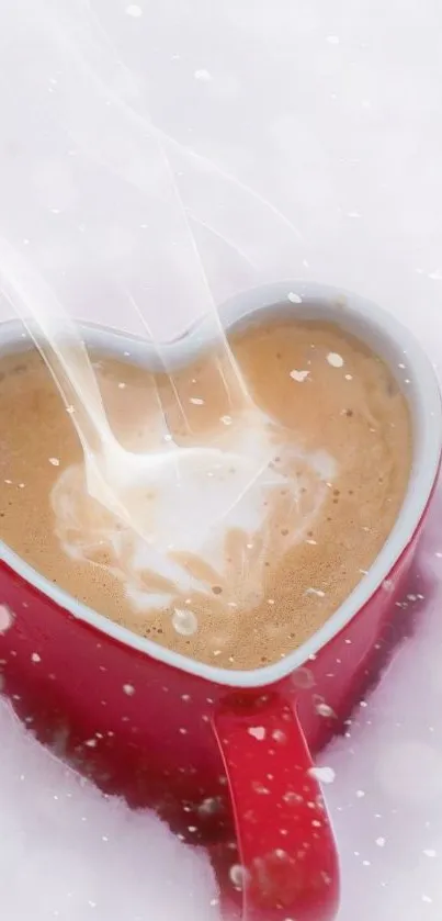 Heart-shaped mug with coffee in snow.