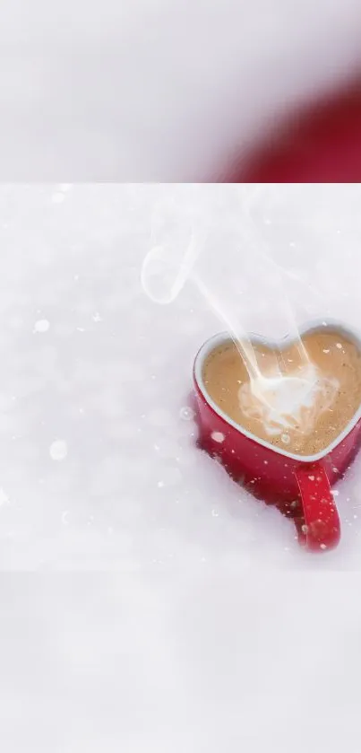 Heart-shaped mug in snowy background with steam rising.