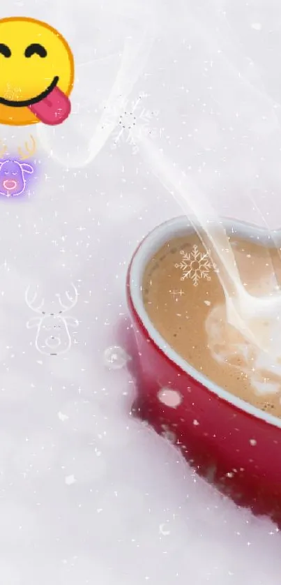 Heart-shaped red mug in snowy background with a smiley emoji.