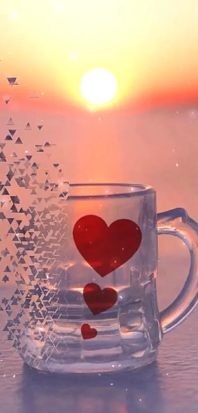 Sunset with heart mug and artistic triangle effect.