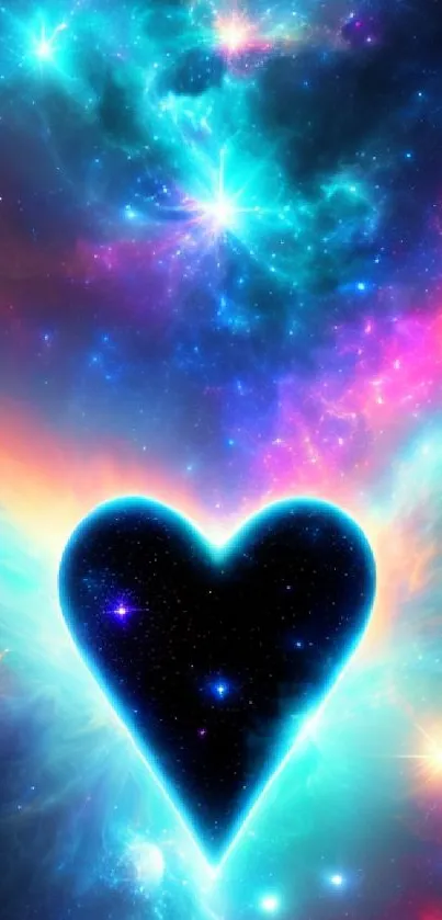 Heart-shaped nebula in vibrant cosmic colors with celestial background.