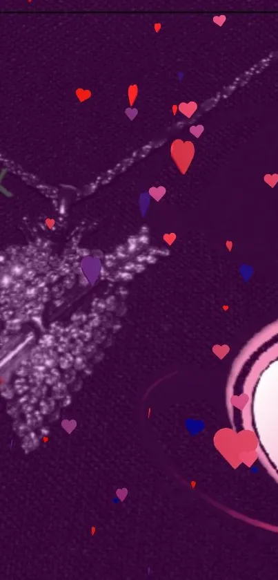 Heart-shaped necklace with headphones and heart motifs on a purple background.