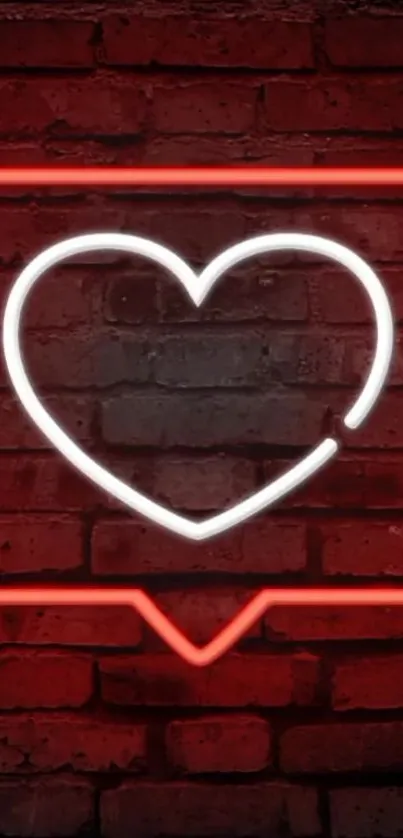 Neon heart on red brick wall, glowing brightly.