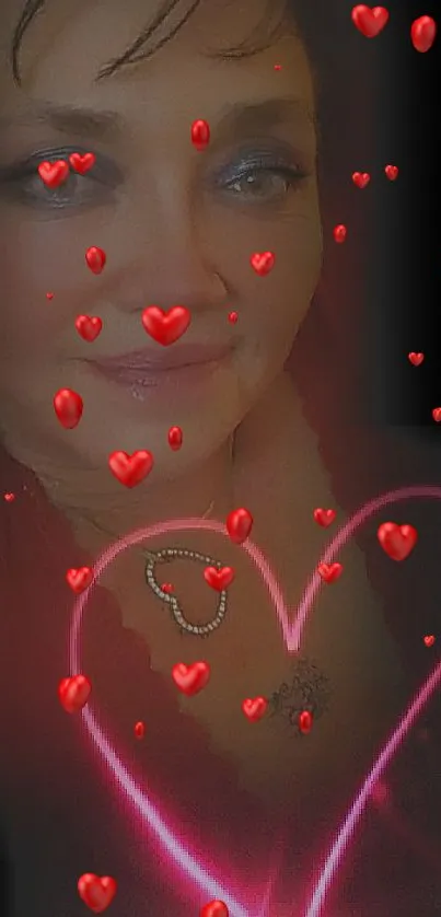 Woman's portrait with neon pink heart glow effect.