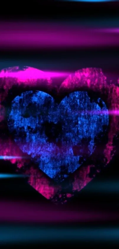 Neon heart glowing on abstract pink background.