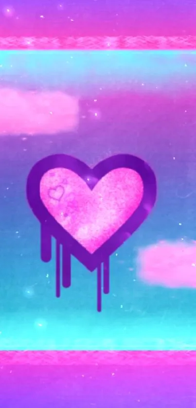 Vibrant neon heart wallpaper with pink, purple, and blue hues featuring clouds.