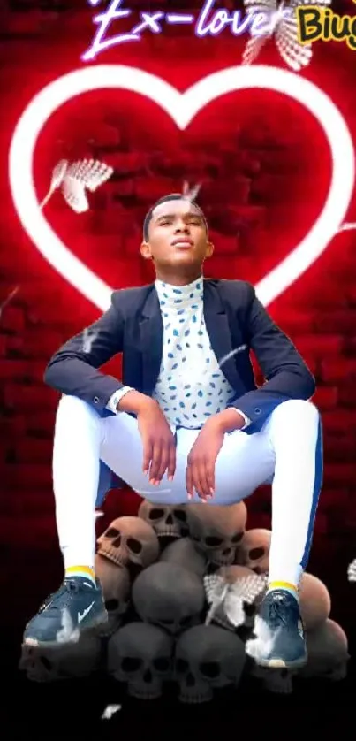 Person seated on skulls under neon heart with butterflies.