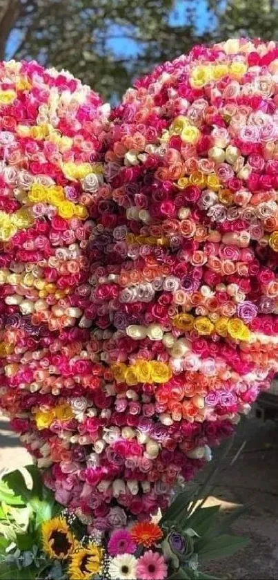 Heart-shaped flower arrangement with vibrant roses.