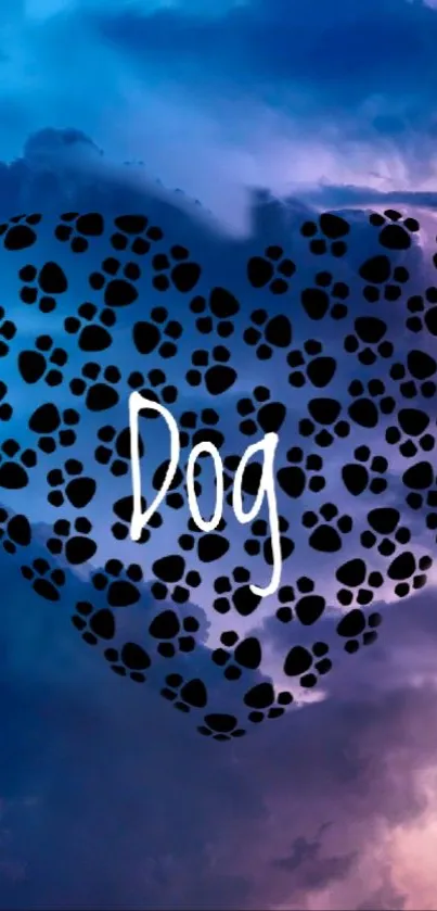 Heart-shaped dog paws on blue and purple sky wallpaper.