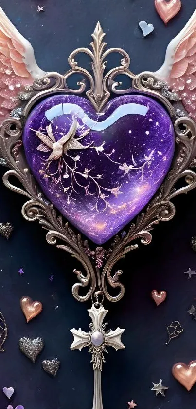 Purple winged heart with cosmic design and fantasy details on mobile wallpaper.