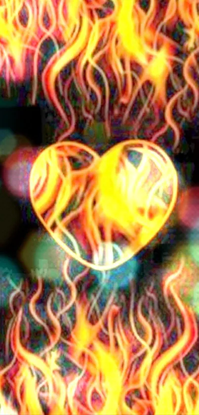 Fiery heart with bokeh effect wallpaper for mobile phone display.