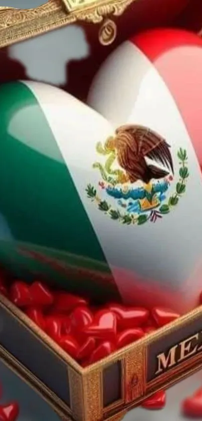 Mexican flag heart in ornate treasure chest.