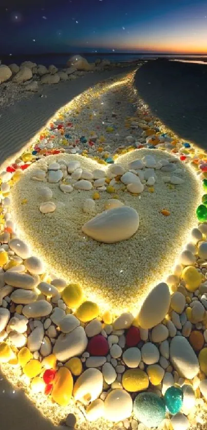 Heart-shaped pebble arrangement glowing at sunset on a sandy beach.