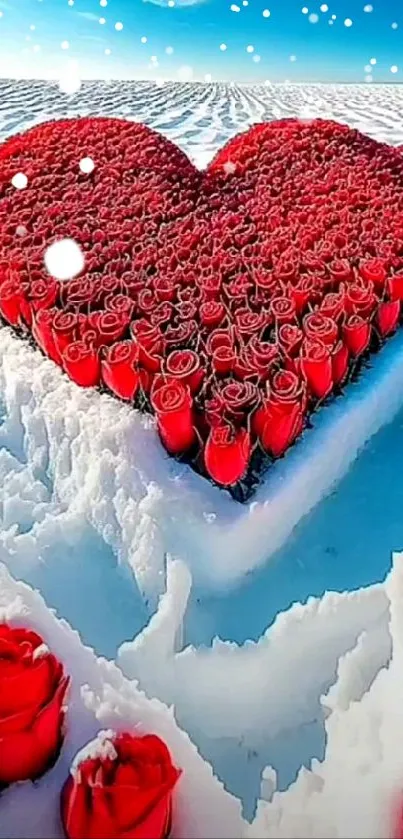 Heart-shaped red roses on snowy landscape.