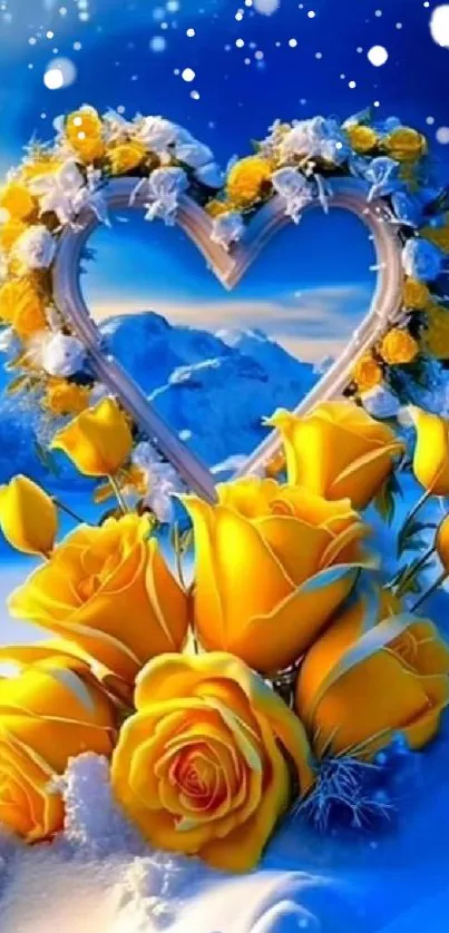 Yellow roses inside heart shape on snow with blue background.