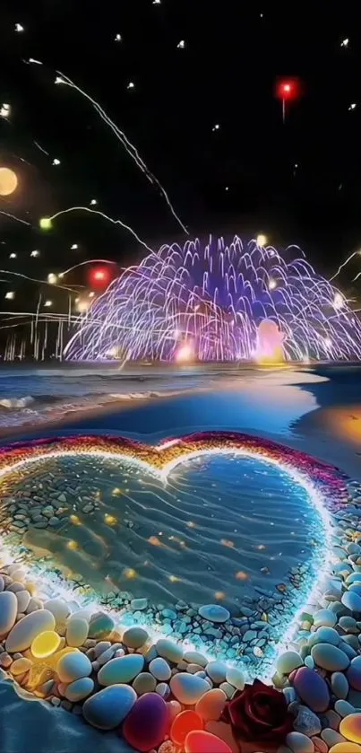 Colorful heart design on beach under stars