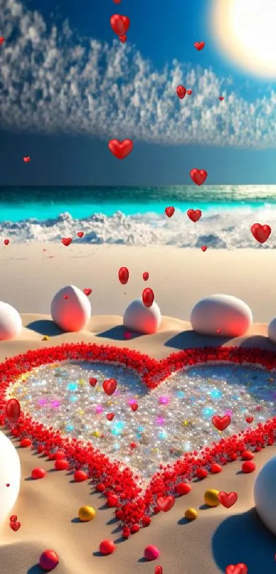 Heart-shaped design on beach with ocean waves under bright sun.