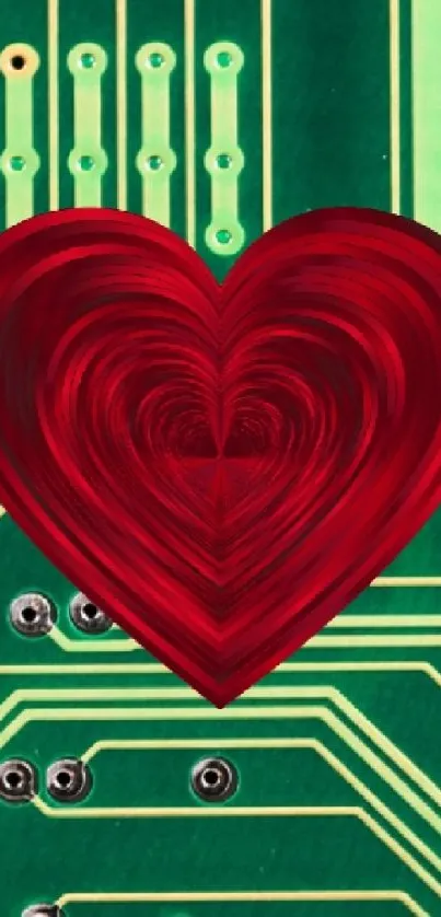 Red heart on a green circuit board design wallpaper.