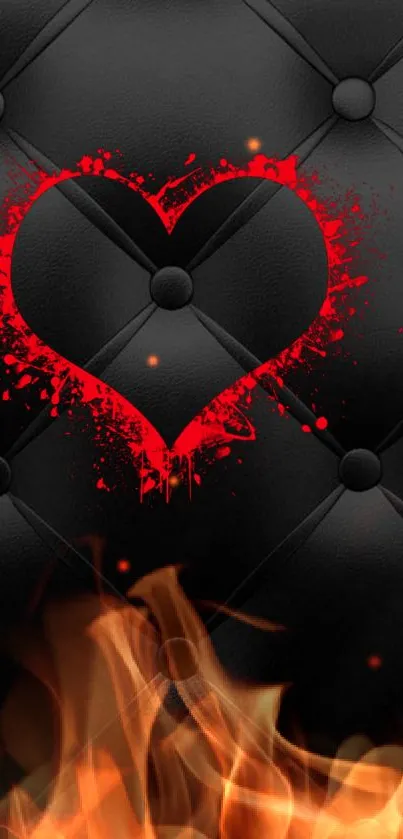 Red heart with flames on black leather wallpaper.