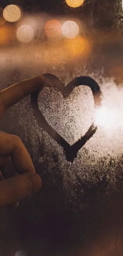 Heart drawn on a foggy window illuminated by warm city lights.