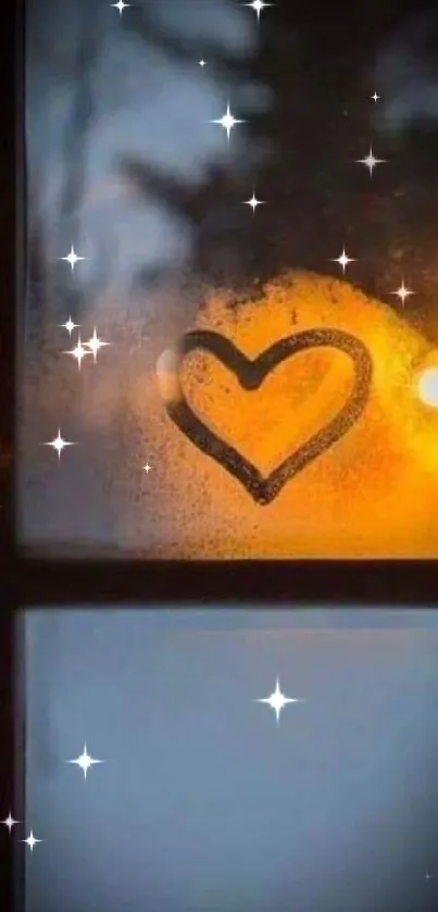 Heart drawing on frosted window with glowing background.