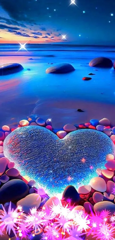 Heart-shaped stones on a magical beach at night with a vibrant blue ambiance.