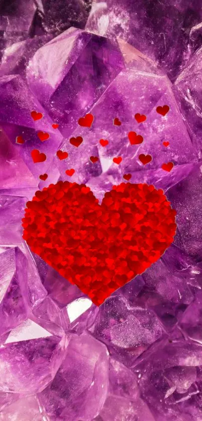 Red heart on purple crystal background wallpaper.