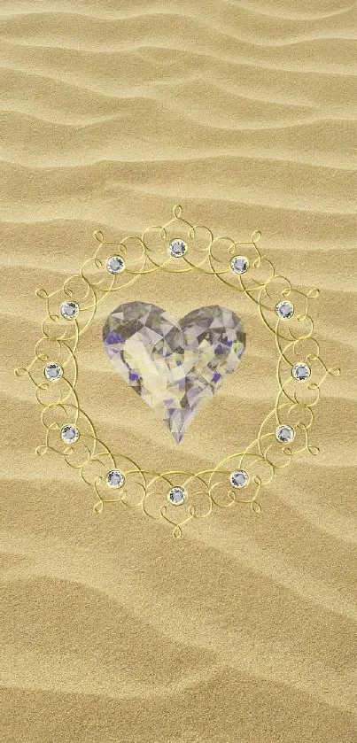 Crystal heart with floral design on sandy background wallpaper.