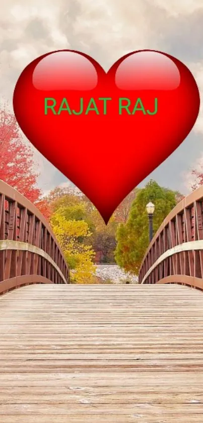 Heart on scenic autumn bridge wallpaper with vivid colors.