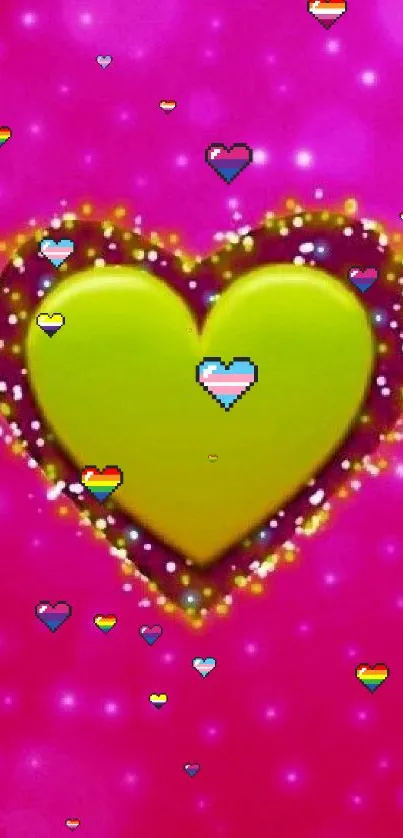 Vibrant pink wallpaper with yellow heart.