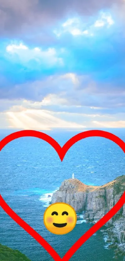Heart overlay on ocean with lighthouse in scenic mobile wallpaper.