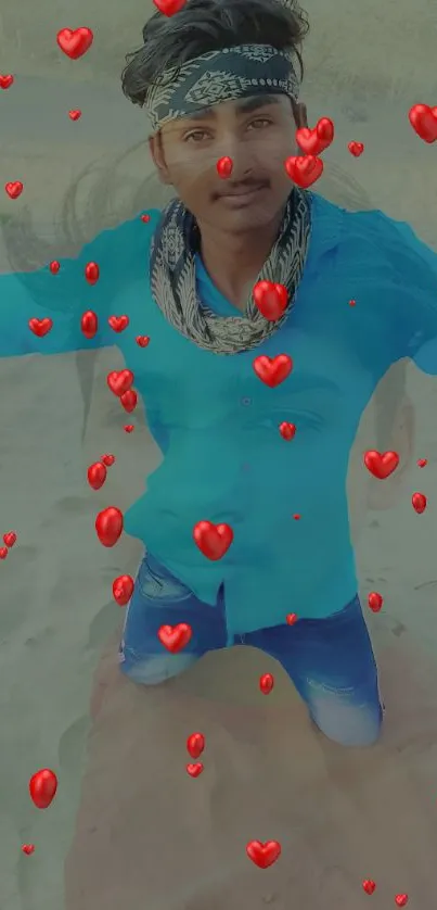 Young man with hearts on a beach backdrop.