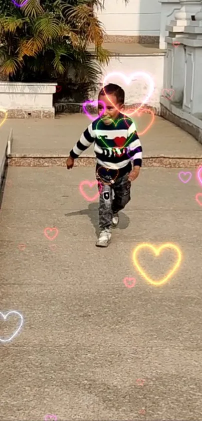 Child walking with heart overlays on path.