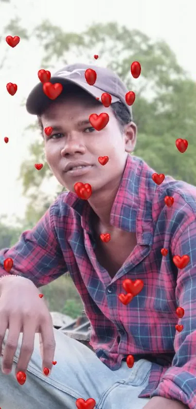Outdoor portrait with heart overlay on plaid shirt.