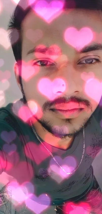 Selfie with vibrant heart overlays creating artistic mobile wallpaper.