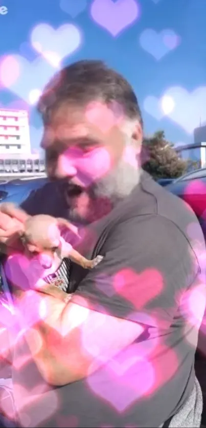 Man holding animal with pink heart overlay effect in urban setting.