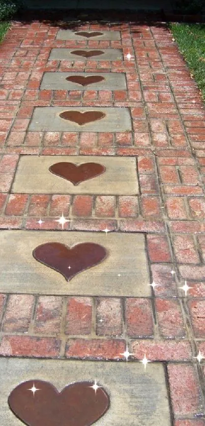 Heart-adorned brick path with green lawn.