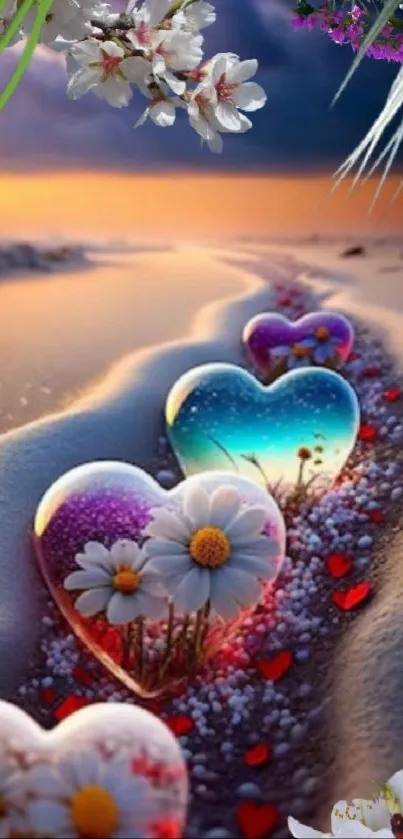 Colorful heart-shaped stones on a sandy beach with flowers.