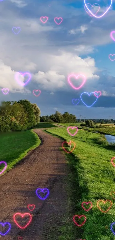 Scenic countryside path with heart designs under a blue sky.