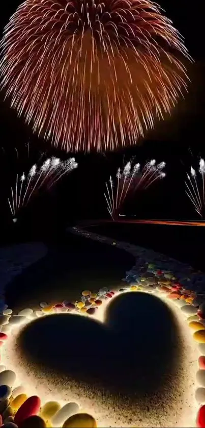 Fireworks illuminate a heart-shaped path, creating a romantic night scene.