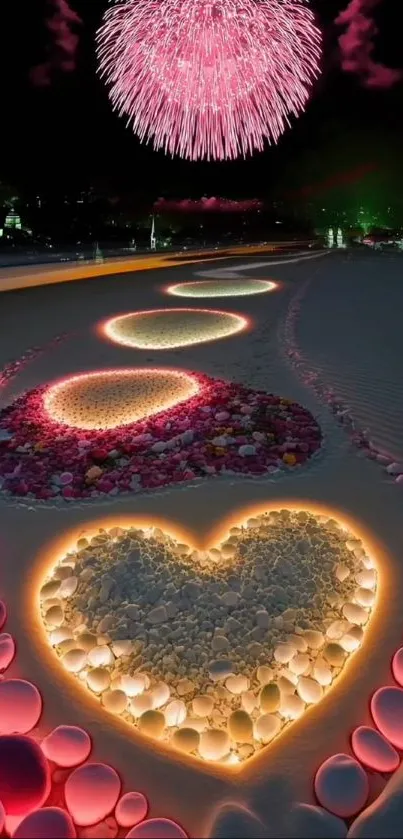 Heart-shaped path with glowing stones under fireworks display at night.