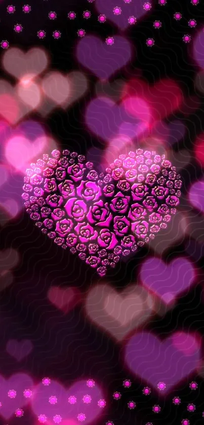 Pink and black heart pattern wallpaper with roses.