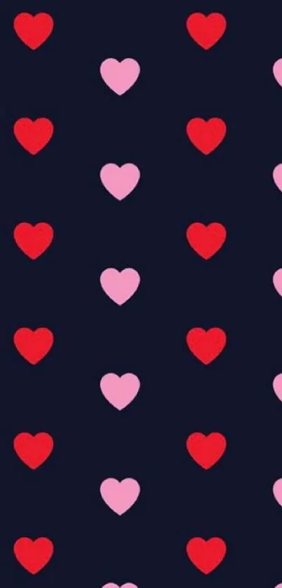 Dark mobile wallpaper with pink and red hearts pattern on a navy background.