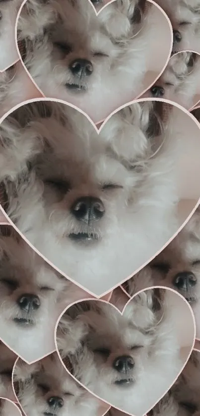 Cute dog in heart pattern mobile wallpaper with light beige tones.