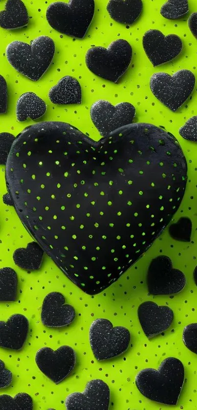 Lime green and black heart pattern wallpaper, bold and vibrant design.
