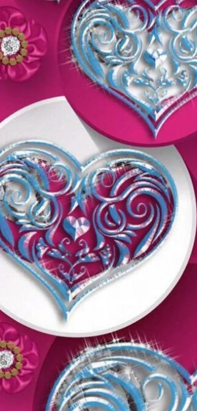 Intricate heart pattern in turquoise and magenta on mobile wallpaper.