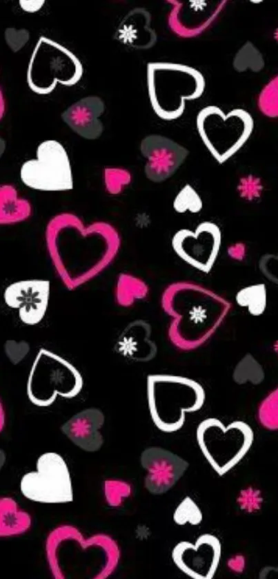 Colorful heart pattern wallpaper in pink, black, and white tones.