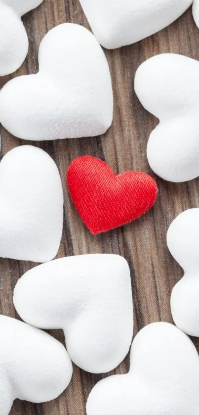 White hearts with a red heart on a wooden background wallpaper.