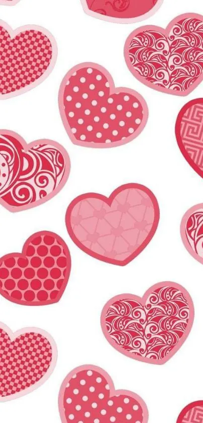 A heart pattern phone wallpaper with red and pink designs on a white background.